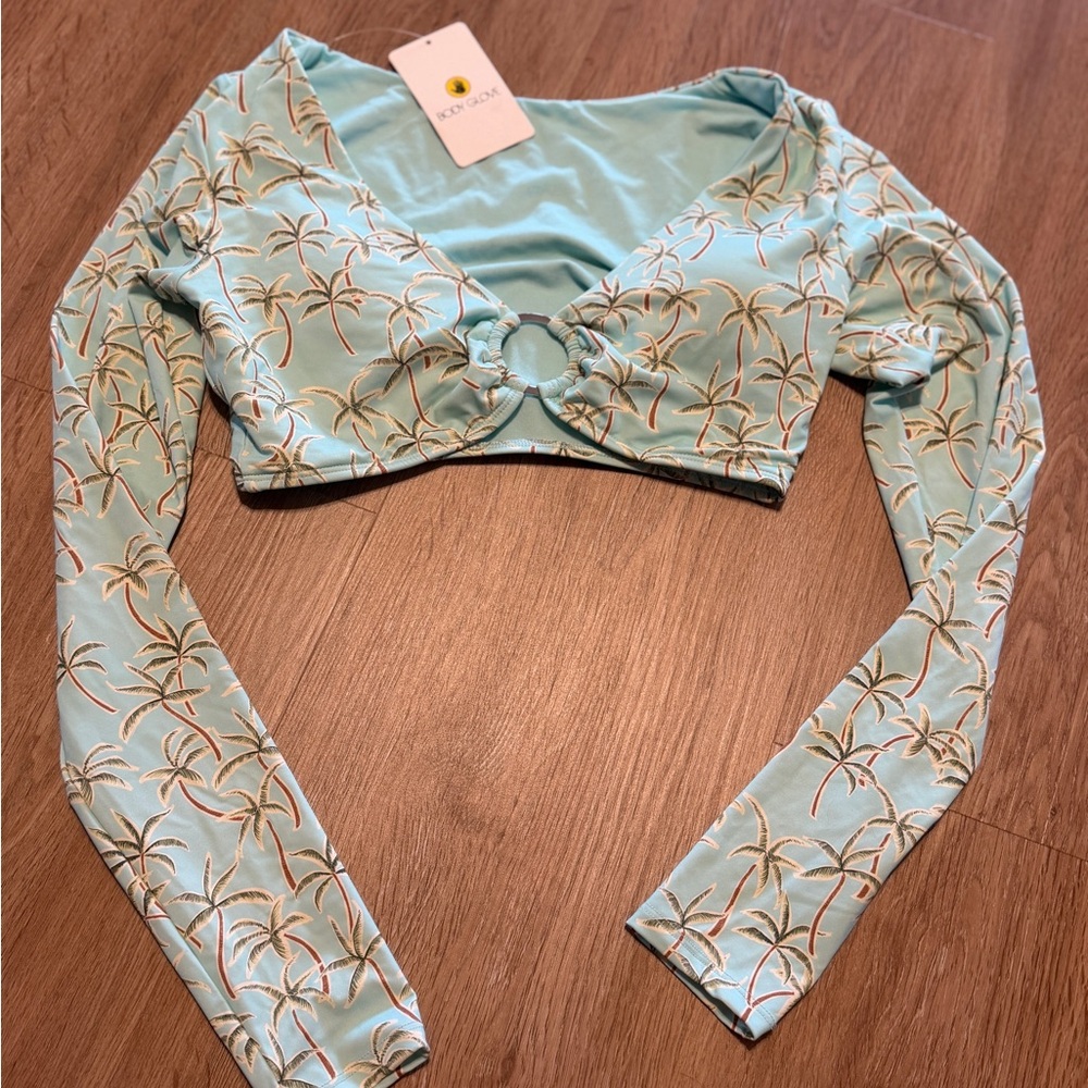 Body Glove Swim Top Light Blue Palm Tree Ring-Front Long Sleeve